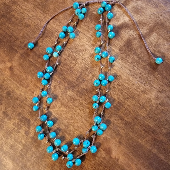 ♡VTG Crocheted Necklace▪︎Turquiose Brass▪︎ - Picture 7 of 8